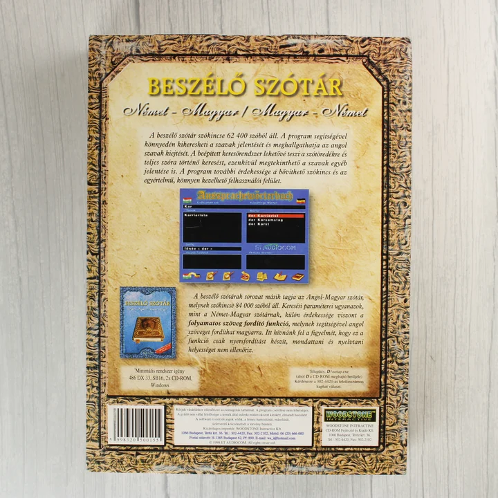 Beszélő Szótár szoftver dobozának hátoldala leírással