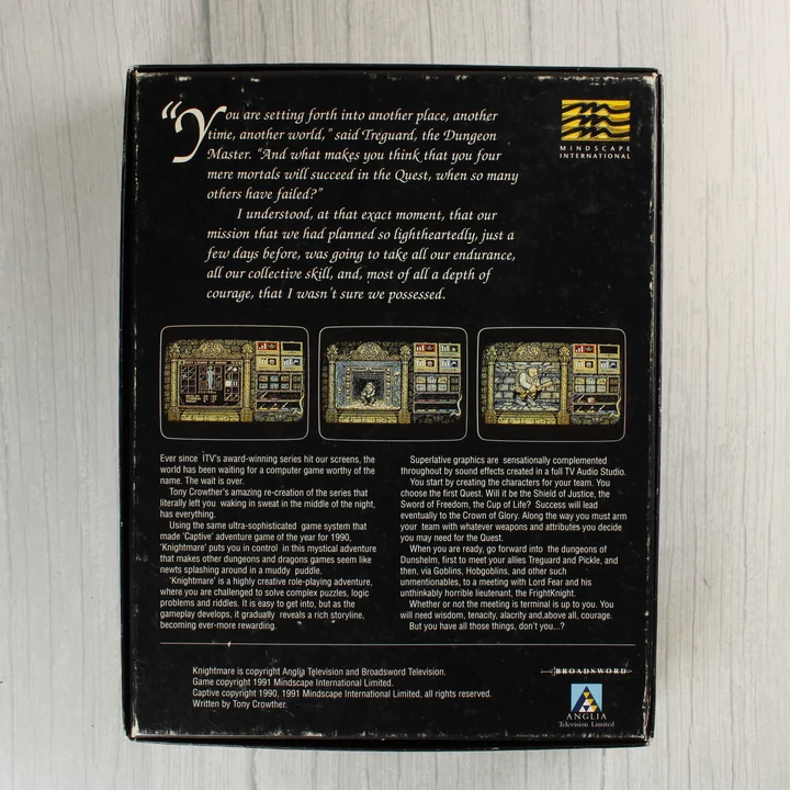 A Knightmare Amiga játék dobozának hátoldala leírással és képekkel