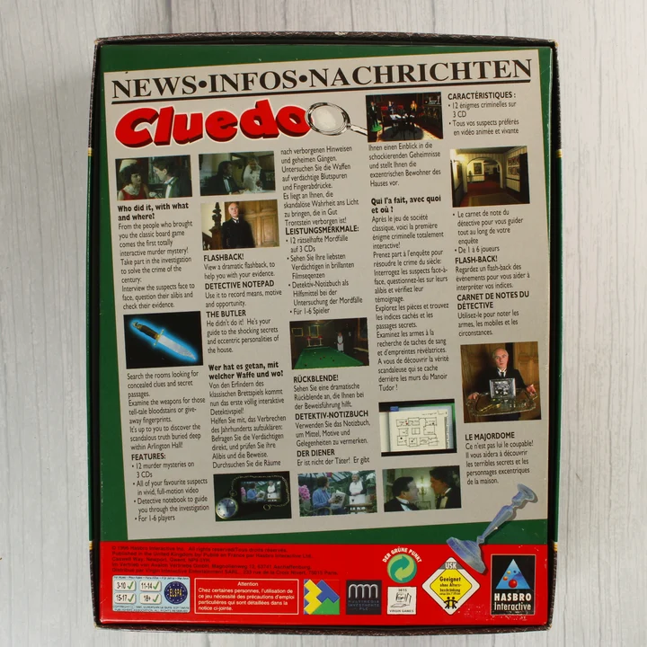 Cluedo játék hátoldal Cluedo PC játék dobozának hátoldala leírásokkal