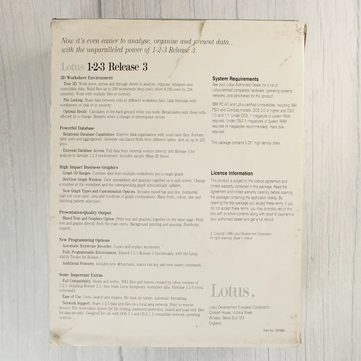 Lotus 1-2-3 Release 3 rendszerkövetelmények Lotus 1-2-3 Release 3 doboz hátoldala a rendszerkövetelményekkel
