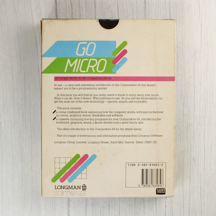 Go Micro Commodore 64 szoftver dobozának hátoldala vonalkóddal