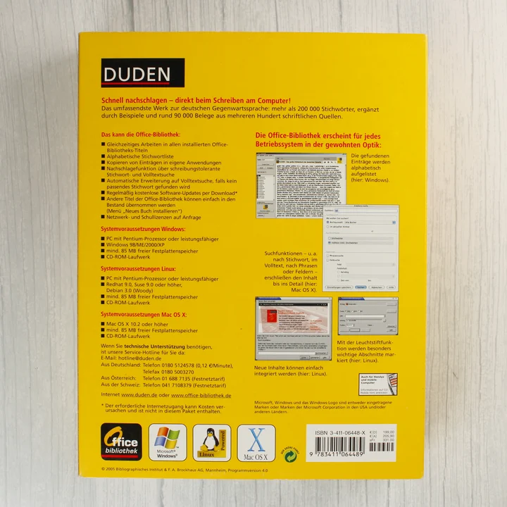 A Duden szótár szoftver dobozának hátoldala a rendszerkövetelményekkel