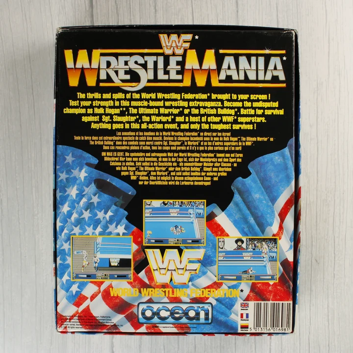WWF WrestleMania Amiga játék dobozának hátoldala leírással és képernyőfotókkal