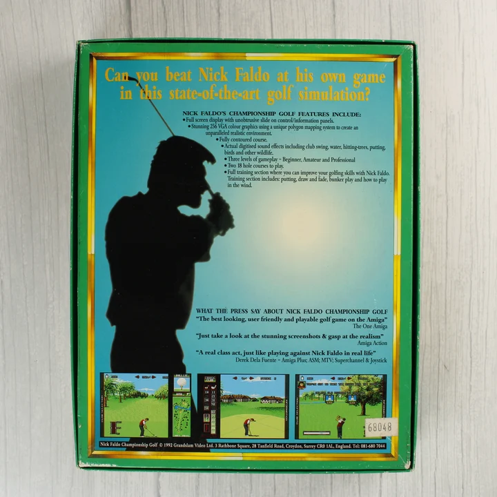 Nick Faldo's Championship Golf videójáték dobozának hátoldala