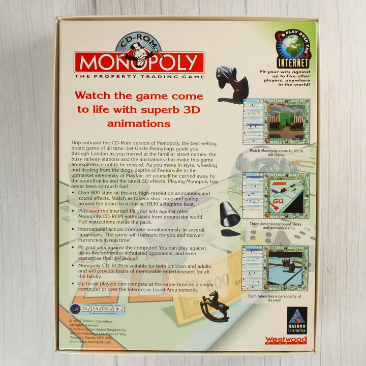 A Monopoly CD-ROM videójáték dobozának hátoldala
