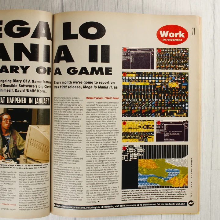 Amiga Power belső oldal Az Amiga Power magazin belső oldala fejlesztői naplóval