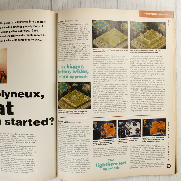 Az Amiga Power magazin belső oldala a Populous II játékról