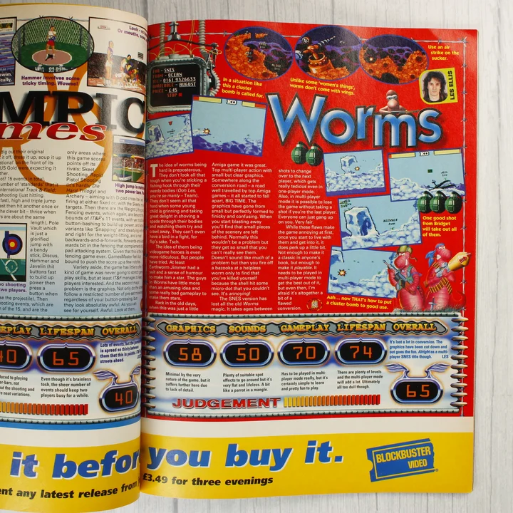 A GamesMaster magazin belső oldala a Worms játék ismertetőjével
