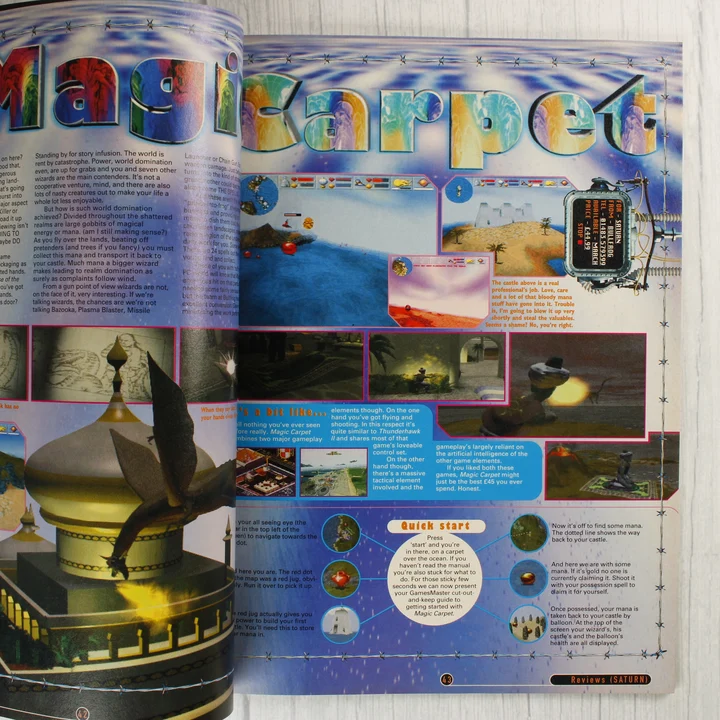 A GamesMaster magazin belső oldala a Magic Carpet játéktesztjével.