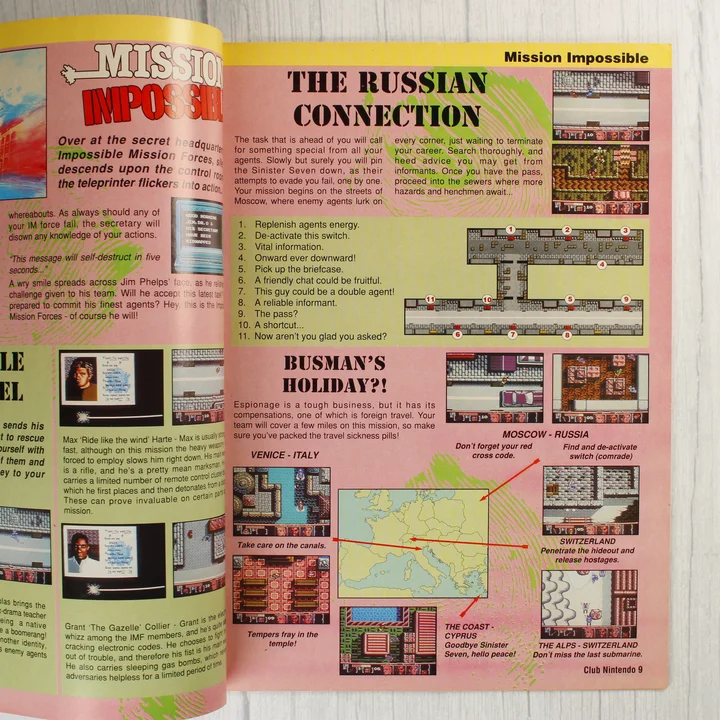 A Club Nintendo magazin Mission Impossible játékhoz kapcsolódó tippeket tartalmazó oldalpárja.