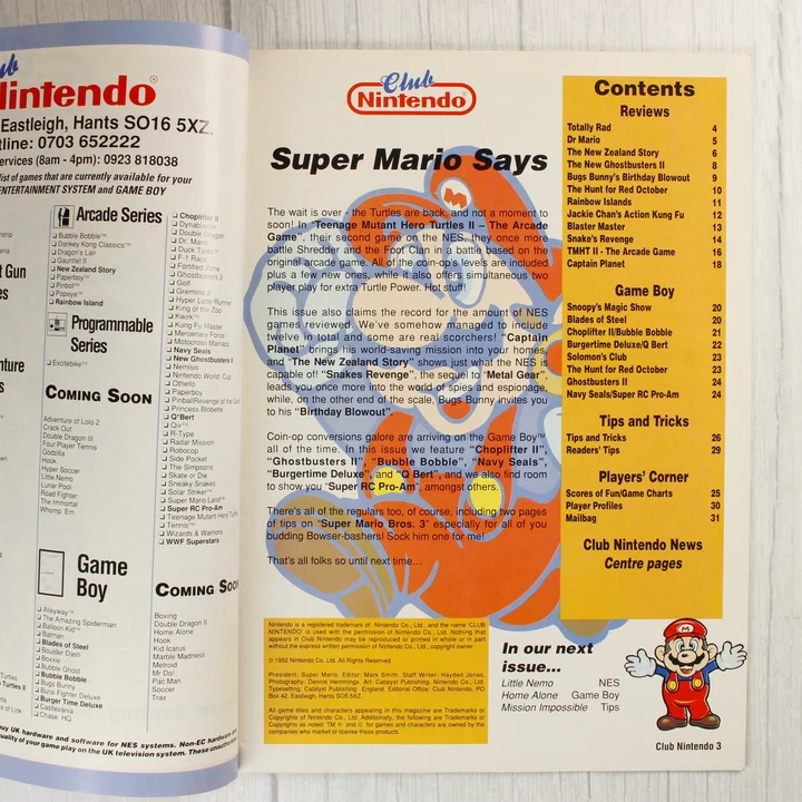 A Club Nintendo magazin belső tartalomjegyzéke és szerkesztői üzenete.