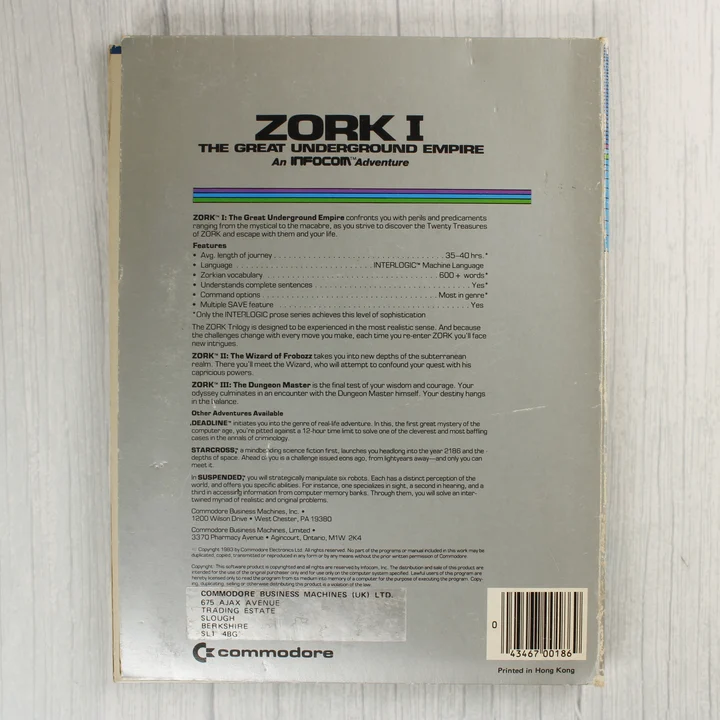 Zork I Commodore 64 videójáték hátoldala