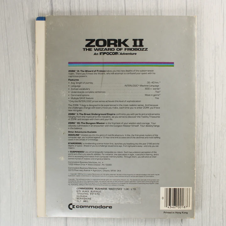 Zork II Commodore 64 videójáték dobozának hátoldala