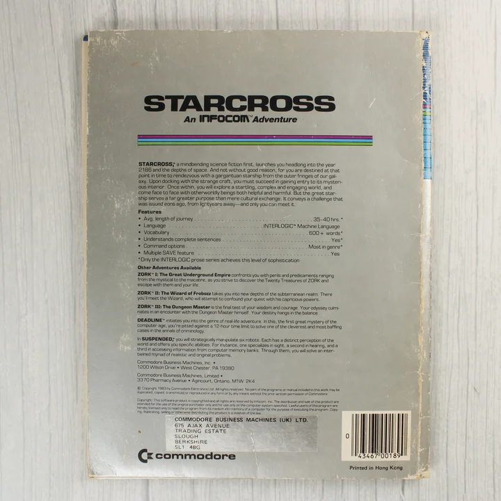 Starcross Commodore 64 játék hátoldala
