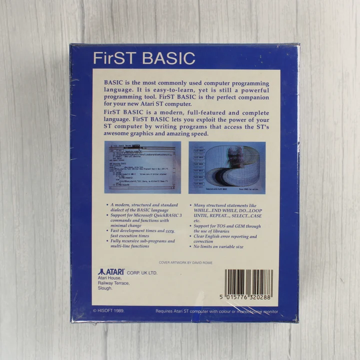 Atari ST FirST BASIC hátlap Atari ST FirST BASIC szoftver dobozának hátoldala