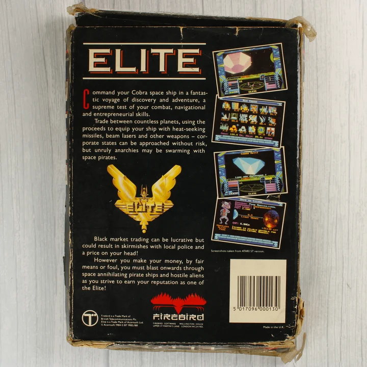 Elite Atari ST doboz hátoldal Az Elite videójáték dobozának hátoldala leírással és képernyőfotókkal