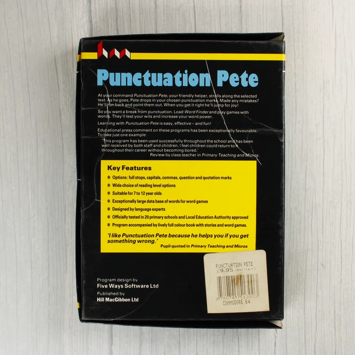 Punctuation Pete Commodore 64 játék dobozának hátoldala leírással és vonalkóddal
