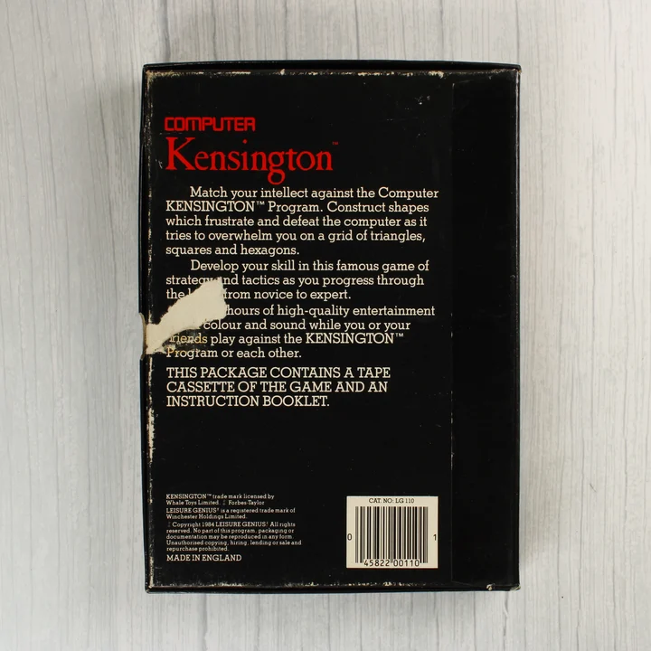 A Computer Kensington videójáték dobozának hátoldala leírással és vonalkóddal
