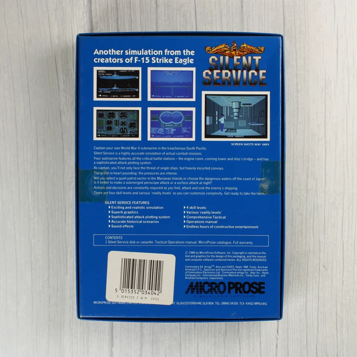 Silent Service Commodore 64 játék dobozának hátoldala