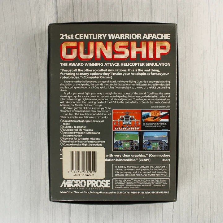 A Gunship videójáték dobozának hátoldala leírással és képernyőfotókkal