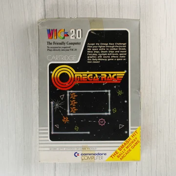 Az Omega Race videójáték dobozának előlapja VIC-20 számítógéphez.