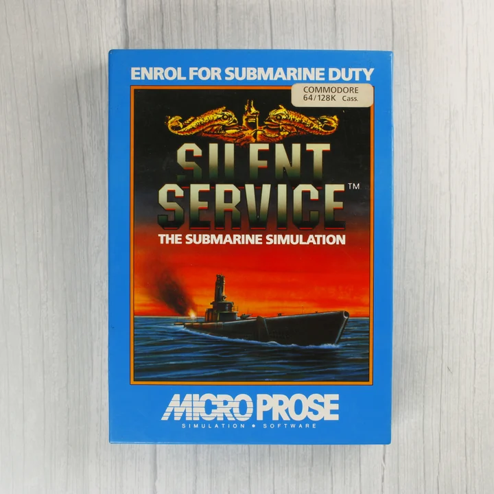 Silent Service C64 doboz Silent Service Commodore 64 videójáték dobozának eleje