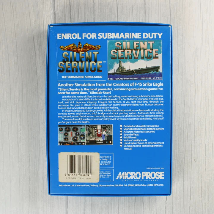 Silent Service C64 doboz hátlap Silent Service Commodore 64 videójáték dobozának hátoldala