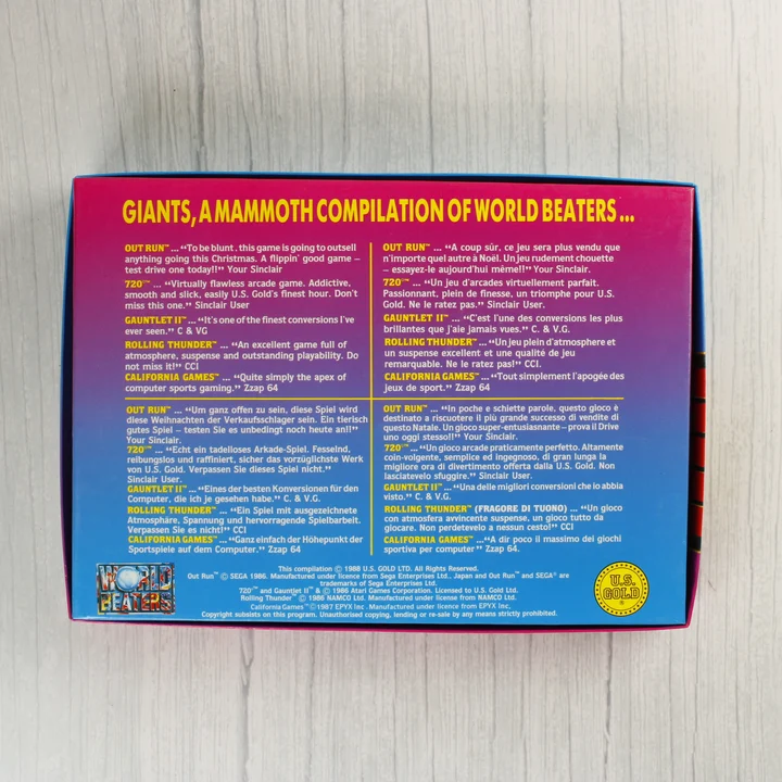 A Giants videójáték-válogatás dobozának hátoldala többnyelvű leírással