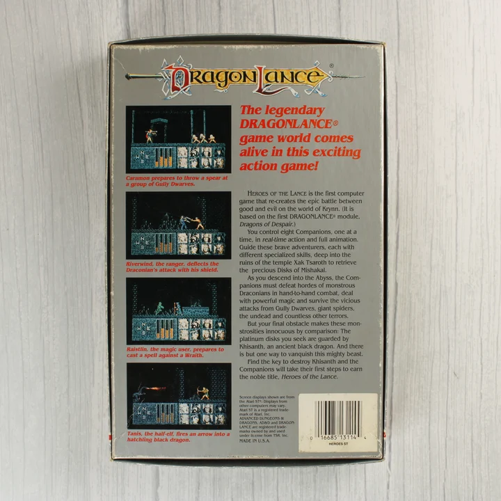 Heroes of the Lance Atari ST doboz hátoldala leírással és képernyőfotókkal