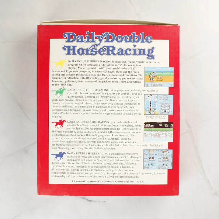 Daily Double Horse Racing doboz hátoldala többnyelvű leírással