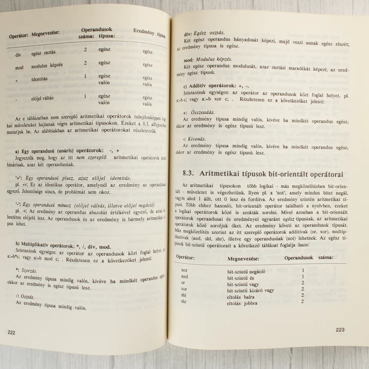 A Turbo Pascal 6.0 & for Windows könyv nyitott oldalai az operátorok leírásával