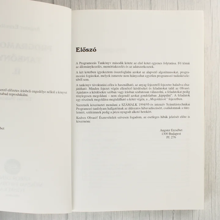 Az Angster Erzsébet Programozás Tankönyv II. belső előszó oldala