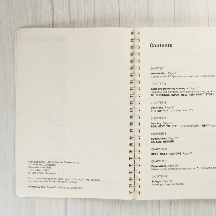 A Sinclair ZX Spectrum BASIC kézikönyv tartalomjegyzéke és kiadási adatai