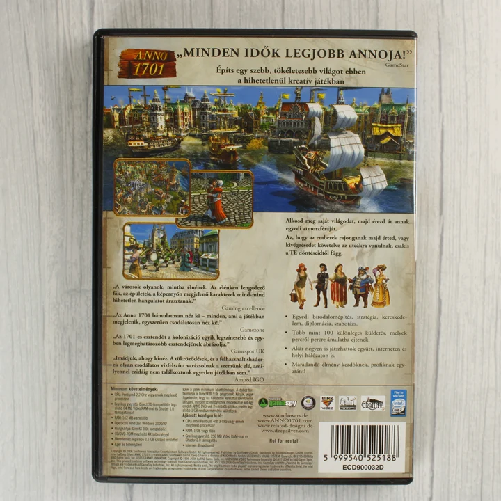 Az Anno 1701 PC játék hátoldala leírással és képernyőfotókkal
