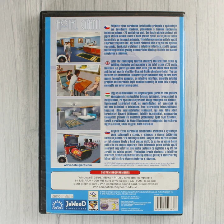 Hotel Giant hátoldal A Hotel Giant videójáték tokjának hátoldala többnyelvű leírással és rendszerkövetelményekkel.