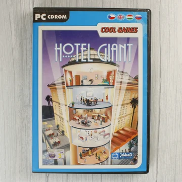 A Hotel Giant PC-s videójáték elülső borítója kék keretben, egy szálloda keresztmetszetével.