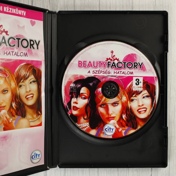 Beauty Factory PC játék belső Nyitott tok a Beauty Factory CD-vel és kézikönyvvel
