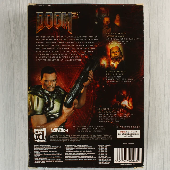 Doom 3 PC játék hátoldala rendszerkövetelményekkel