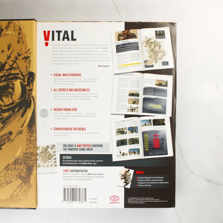 A Metal Gear Solid V útmutató hátlapja és tartalomjegyzéke