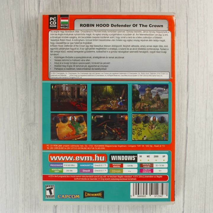 Robin Hood Defender of the Crown hátlap A Robin Hood: Defender of the Crown PC játék hátoldala a rendszerkövetelményekkel