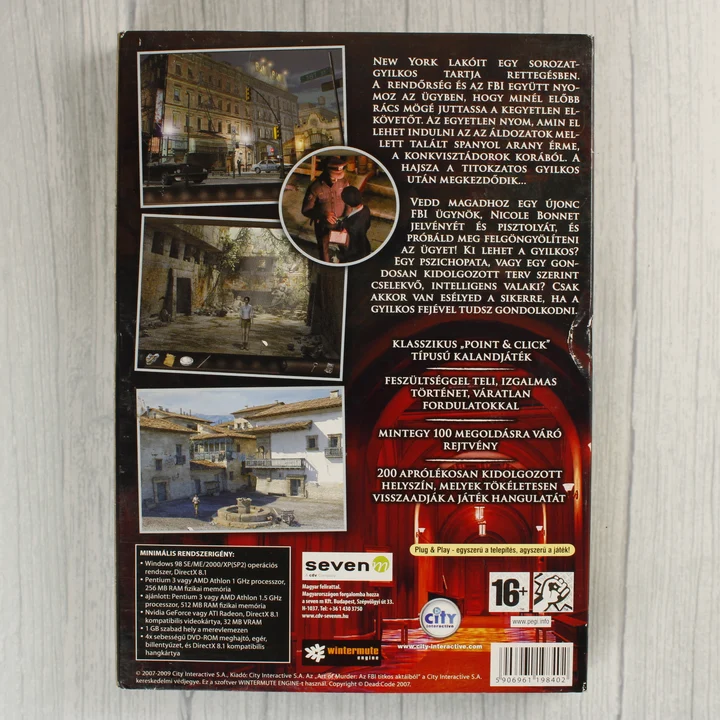 Az Art of Murder: Az FBI titkos aktáiból PC játék hátoldali borítója a rendszerigényekkel