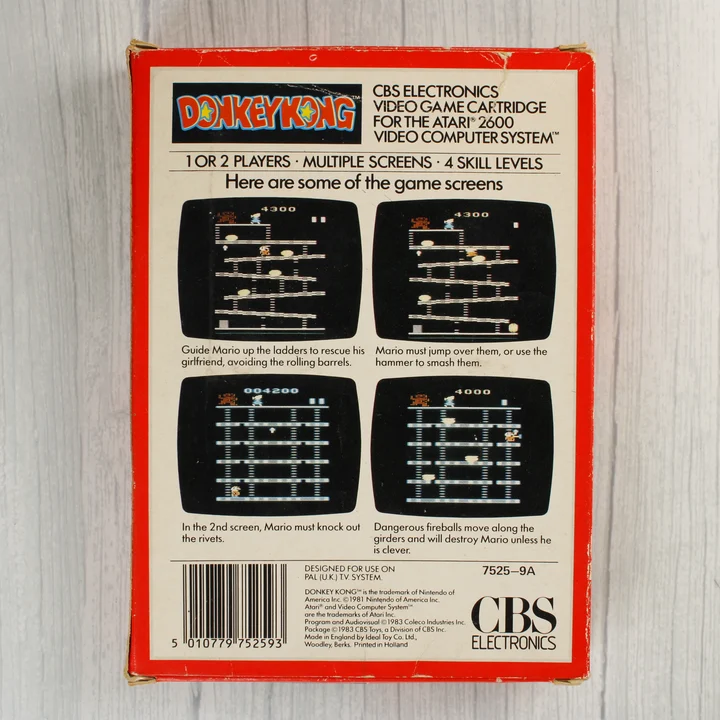 Donkey Kong Atari 2600 doboz hátlap Donkey Kong Atari 2600 játék dobozának hátoldala