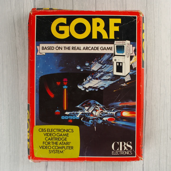Gorf Atari 2600 doboz elölnézet Gorf Atari 2600 videójáték dobozának előlapja