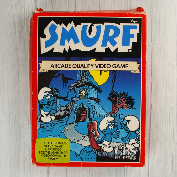 Smurf Atari 2600 doboz A Smurf videójáték színes kartondoboza elölről