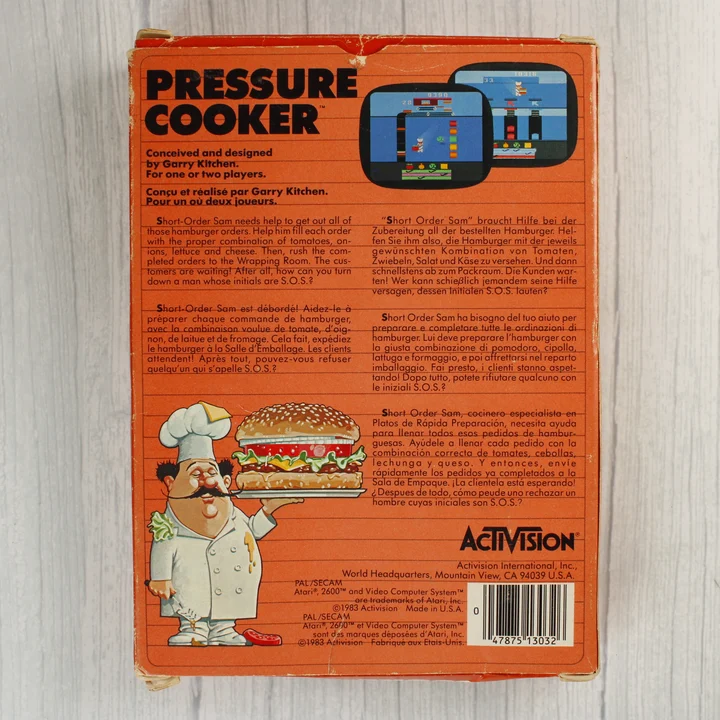 Pressure Cooker Atari 2600 játék dobozának hátoldala
