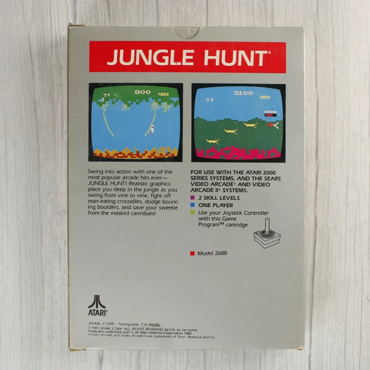 Atari 2600 Jungle Hunt doboz hátlap Atari 2600 Jungle Hunt videójáték dobozának hátoldala
