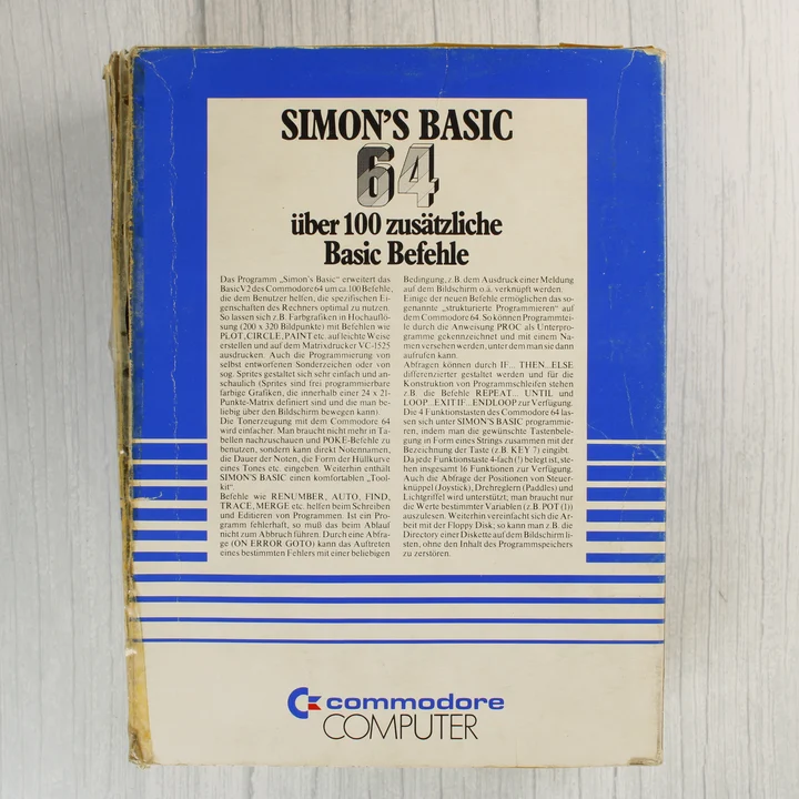 Simon's Basic 64 hátoldal Simon's Basic 64 szoftver doboza hátulról