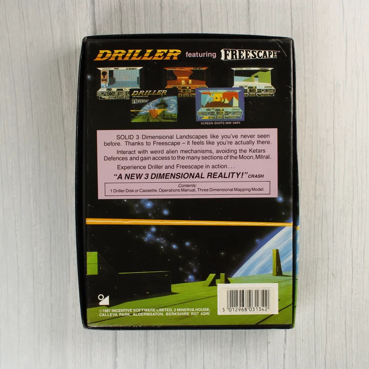 Driller C64 doboz hátlap Driller videójáték dobozának hátoldala leírással és képernyőképekkel