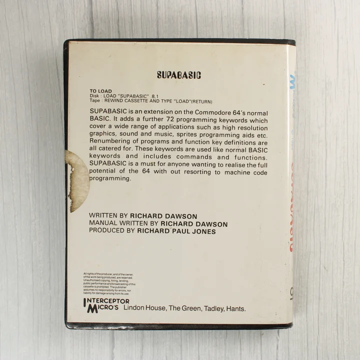 Supabasic C64 szoftver tok hátnézet Supabasic Commodore 64 szoftver hátlapja