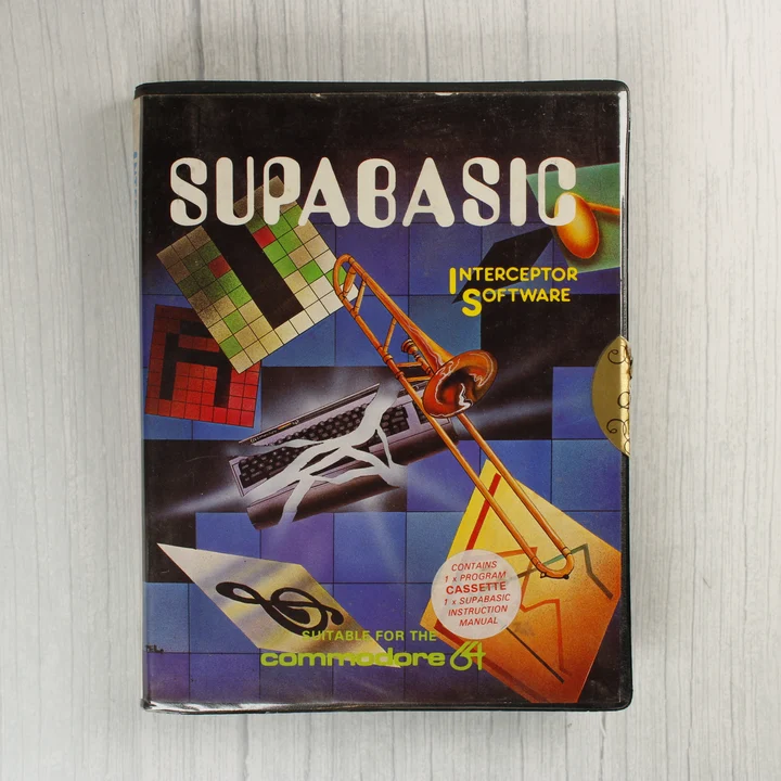 Supabasic C64 szoftver tok elölnézet Supabasic Commodore 64 szoftver előlapja